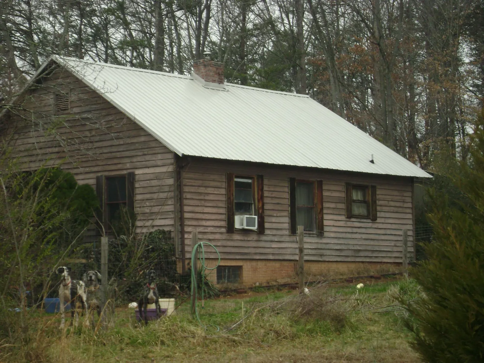 White metal roof on an old wood sided farmhouse, from a Metal Roof Installation job in La Pine